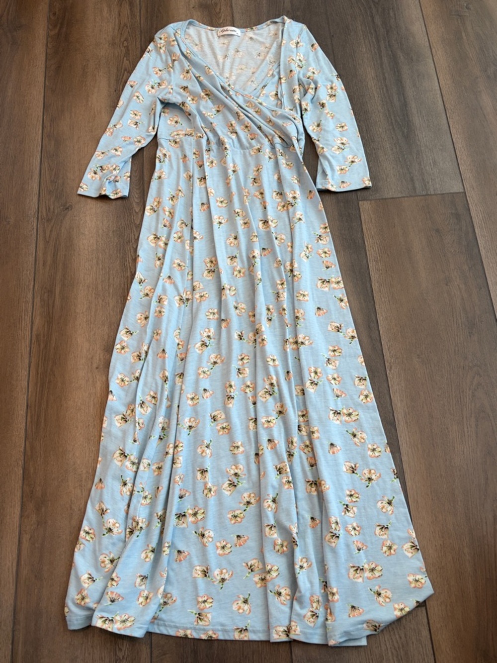 Light Blue Floral Wrap Maxi Dress with Long Sleeves